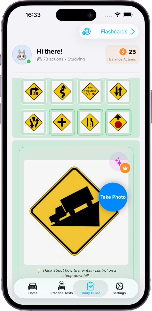 Màn hình học luật biển báo giao thông Mỹ Ask DMV